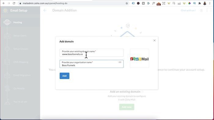 add business domain to zoho mail